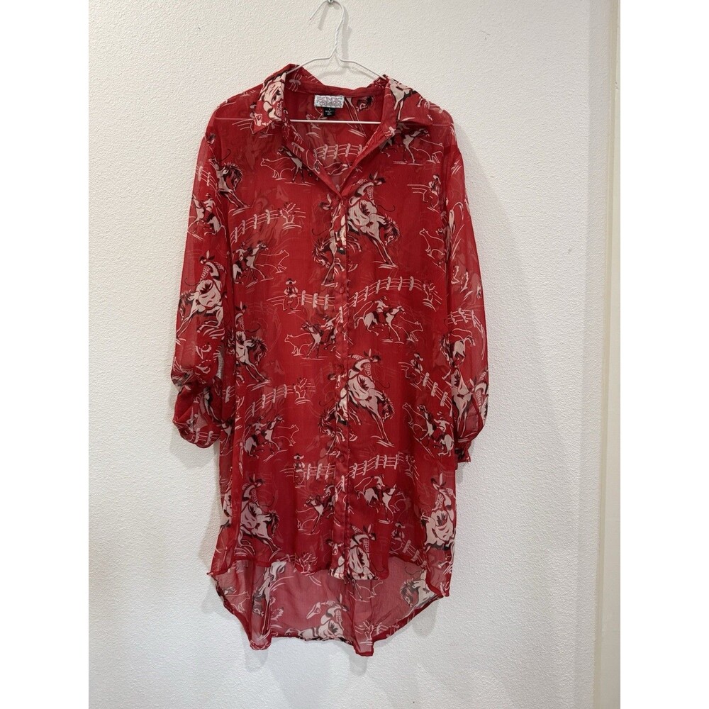 Pink Cattlelac Western Rodeo Bucking Horse  Sheer Blouse Large